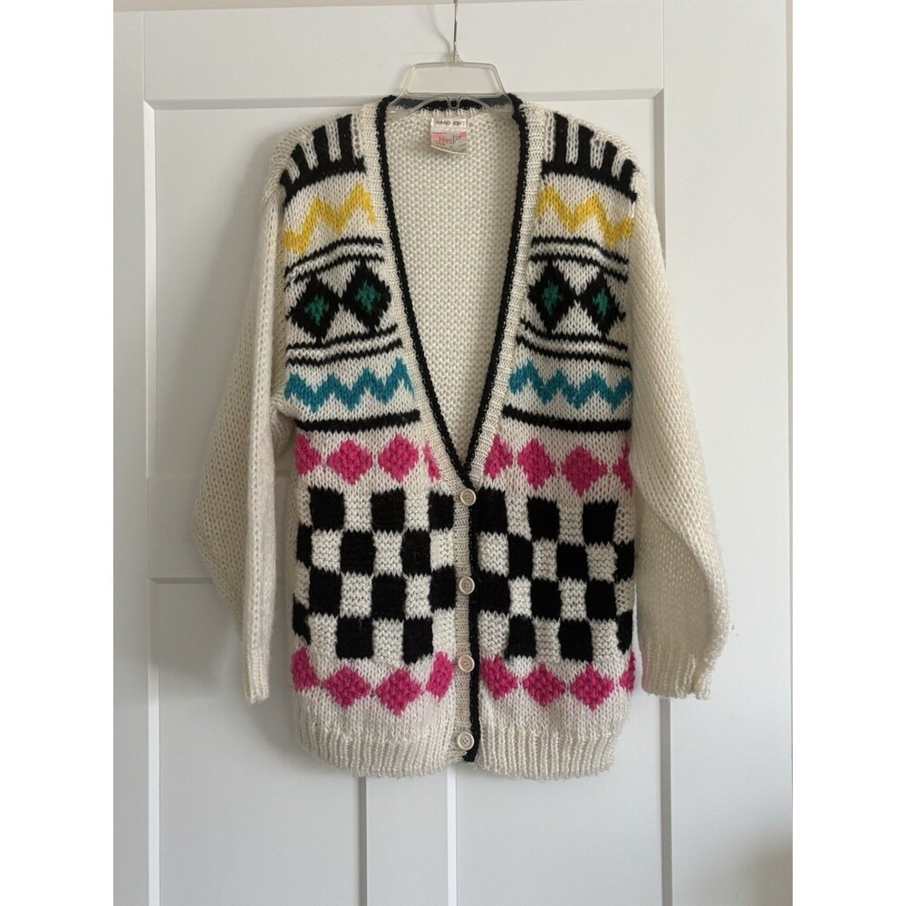 One Step Ahead Cream Cardigan with Black, Pink, Teal & Yellow Pattern
